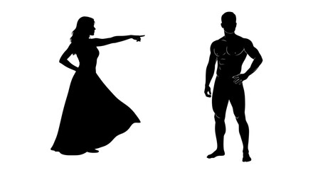 Silhouette of a woman pointing towards a muscular man in profile