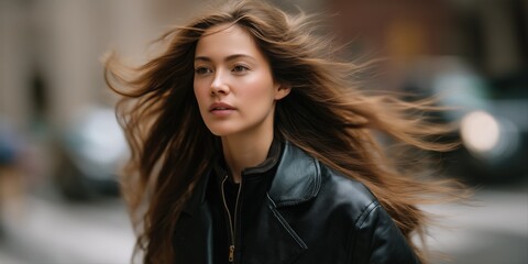 Naklejka premium Young caucasian woman with flowing hair in urban setting