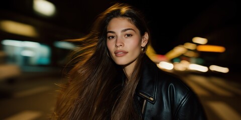 Fototapeta premium Young asian female in leather jacket poses at night with vibrant city lights