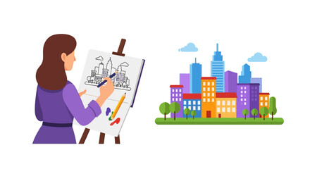 Woman artist sketching a cityscape with a colorful city in background