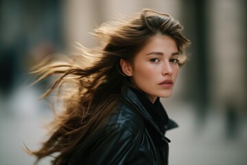 Naklejka premium Young caucasian female in motion with flowing hair and black leather jacket