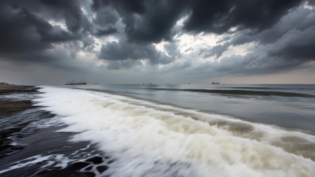 Waves crash against a polluted shoreline covered in tar and debris. Dark clouds loom overhead, creating a somber atmosphere. Nature faces a harsh fallout from the oil spill.