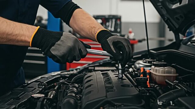 Mechanic repairing a car engine in a garage for the concept of car maintenance.