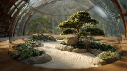 Futuristic zen garden enclosed in a virtual reality dome with soft focus aesthetic
