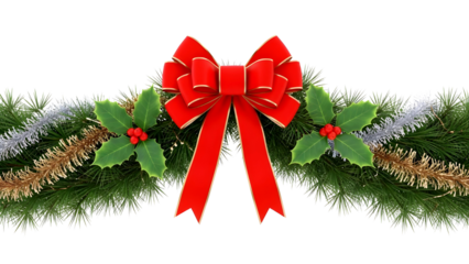 A festive red velvet bow adorns a lush green christmas garland with holly and gold tinsel isolated on transparent background