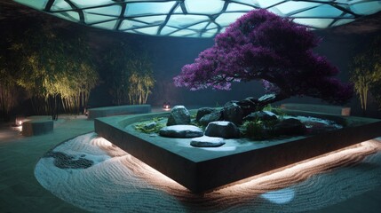 Futuristic zen garden within a virtual reality dome  a tranquil digital oasis experience