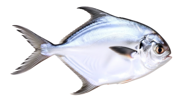A single silver pompano fish with a streamlined body and pointed fins isolated on transparent background