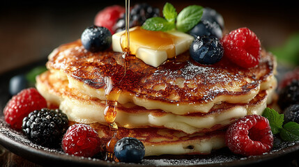 Close up pancakes mixberry and honey , breakfast meal photo.