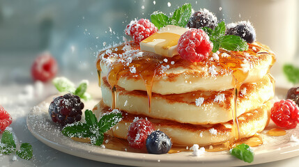 pancakes and strawberrys in breakfast meal.