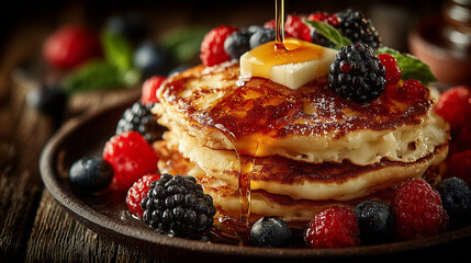 Close up pancakes with mixberry and honey from the top , breakfast photo.