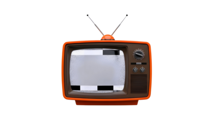 Retro orange television set with static on screen and antennas isolated on transparent background