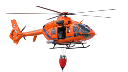 Bright orange rescue helicopter with open doors and a dangling rescue hoist isolated on transparent background