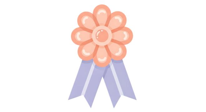 A detailed illustration of a light orange flower-shaped award ribbon with two light purple ribbons. - Powered by Adobe