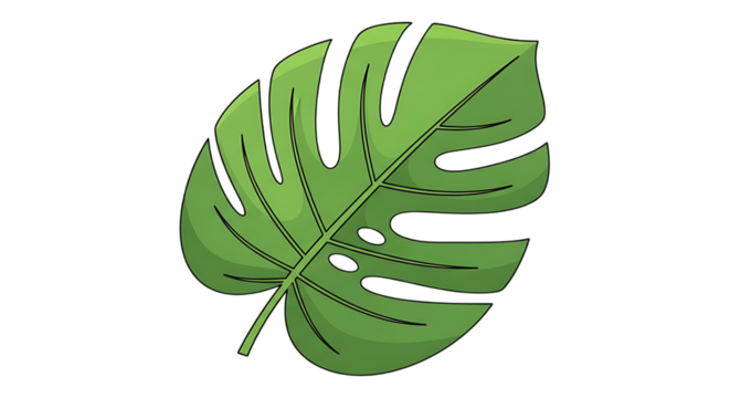 Illustration of a monstera leaf with characteristic splits and holes, set against a white background.