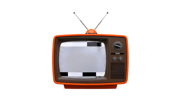 Retro orange television set with static on screen and antennas isolated on transparent background - Powered by Adobe