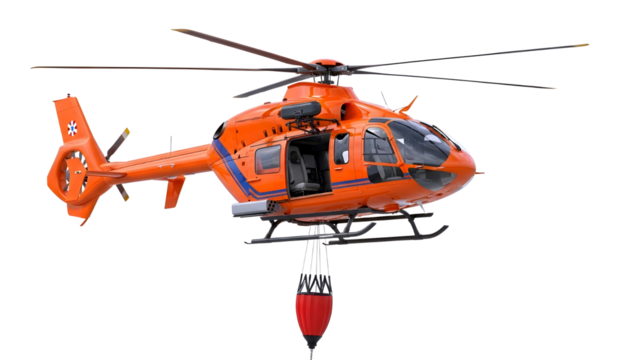 Bright orange rescue helicopter with open doors and a dangling rescue hoist isolated on transparent background