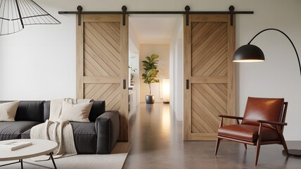 Modern Living Room with Dark Sofa and Brown Leather Chair by Barn Doors interior contemporary