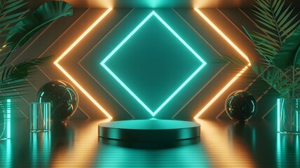 Neon Lit Stage with Tropical Plants and Geometric Background podium lights
