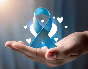 Hand holding glowing blue ribbon with heart icon in soft-focus. Warm lighting, shallow depth, front-facing angle, clean blue-white background.