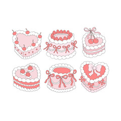 Cute Romantic Vintage Coquette Cherry Strawberry Cake Clipart Set, Retro Girly Valentine Day Illustration for Scrapbooking and Stickers