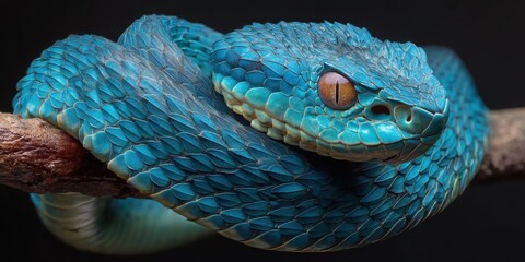 Fototapeta premium Close-Up of Vibrant Blue Viper Snake Coiled on Branch for Conservation Awareness