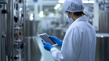 An expert in a lab coat and mask holding a tablet device, checking data and overseeing production inside a factory, ensuring high quality and precision manufacturing.