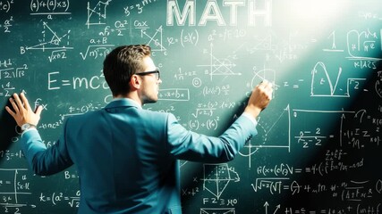 Confident educator expertly solving complex equations on a vibrant chalkboard in a dynamic learning environment, 4k high quality - Powered by Adobe
