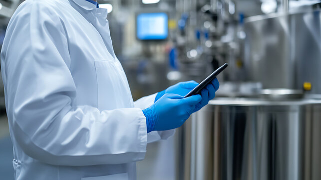 Scientist in a lab coat and blue gloves uses a tablet to control production. The shiny equipment reflects a blue tint. Cutting-edge technology merges with science to innovate.