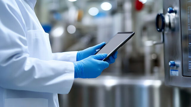 Scientist in a lab coat and blue gloves using a tablet computer near machinery. The image focuses on precision, technology, and sterile lab environments. Innovation and research.