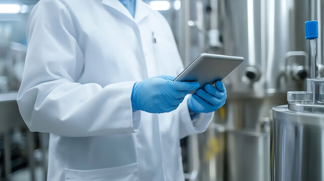 Scientist in lab coat and gloves uses a digital tablet near stainless steel industrial equipment for data analysis, innovation, and research. Scientific work.