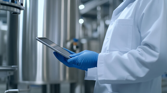 Scientist in protective gear uses a tablet in a cleanroom with stainless steel equipment, ensuring precision and quality in research and development processes. Quality control.