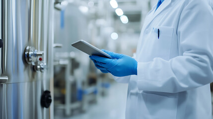 Lab professional in a sterile environment reviews data on a tablet, monitoring processes and ensuring quality control in a high-tech industrial setting.