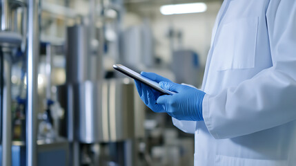 Scientist in sterile lab setting using tablet. Wearing gloves and lab coat for safety. Modern technology meets careful process, ensuring accuracy in medical lab work.