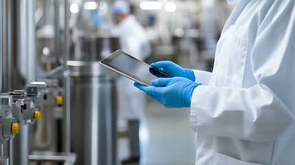 Scientist in a clean, stainless steel industrial setting, reviewing data on a digital tablet with blue gloves and a white coat, amidst equipment and facility oversight.