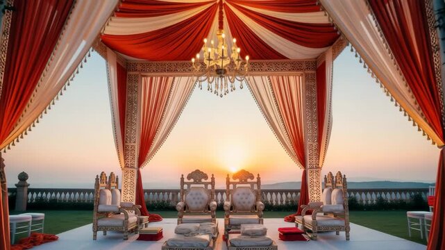 Stunning sunset wedding mandap setup with chairs and opulent decor awaits vows., 4k high quality