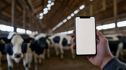 Dairy farm management via smartphone. A person holding a cellphone with a white screen in a barn, surrounded by cows. Demonstrating innovative farming tech.
