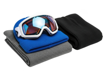 Ski goggles on top of a blue beanie and grey towel, with a black neck warmer beside it, isolated on transparent background