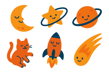 Naklejka premium Playful space icons: moon, star, planet, cat, rocket, meteor with cute faces