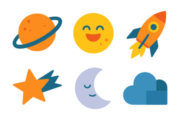 Colorful space icons with flat design: planets, rocket, and celestial elements