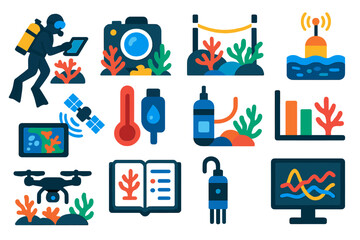 Coral Monitoring Icons. Flat vector icons of coral reef monitoring: scuba diver with tablet, underwater camera, reef survey