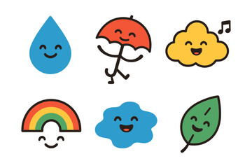 Cute weather characters: smiling raindrop, happy cloud, joyful umbrella, and rainbow icons