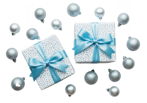 Two festive gift boxes with blue ribbons and scattered silver christmas ornaments isolated on transparent background