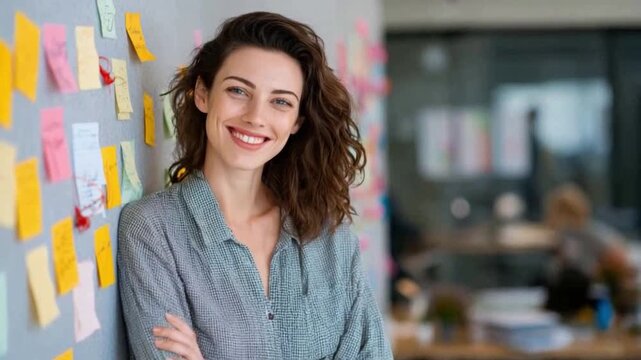 Businesswoman Contemplating Plan: A businesswoman leans against a wall, covered in sticky notes, her radiant smile and thoughtful expression suggesting a creative process in action.