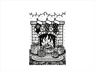 Cozy fireplace scene with stockings, gifts, and Christmas lights white and black 