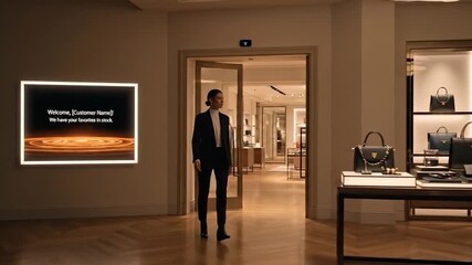 Woman interacts with futuristic smart display welcoming her to a modern retail environment with personalized recommendations - Powered by Adobe