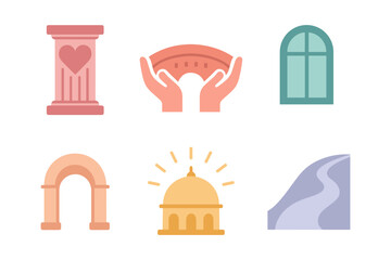 Naklejka premium Flat symbolic architecture icons: love pillar, community hands, and dome