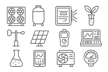 Climate Engineering Icons. Line style icons of Climate Engineering: Direct Air Capture Unit, Storage Tank, Filter Module, Green