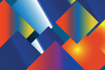Vibrant and dynamic abstract pattern composed of overlapping squares and triangles in bold gradients of blue, red, orange, and yellow. Creates a sense of depth, motion, and modern energy.