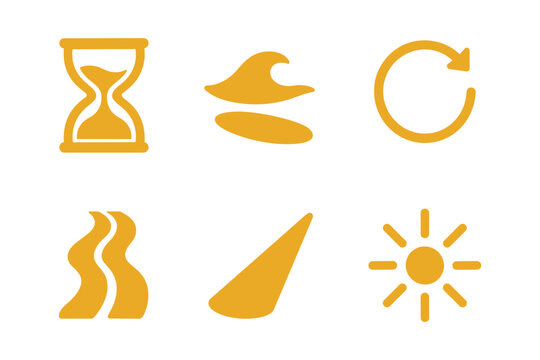 Minimalist abstract icons with yellow color scheme featuring time, waves, and sun symbols
