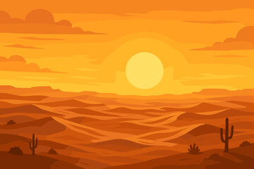 Sunset Desert Vista. Expansive desert landscape glowing under a golden vector illustration sunset, serene and vast tones capturing
